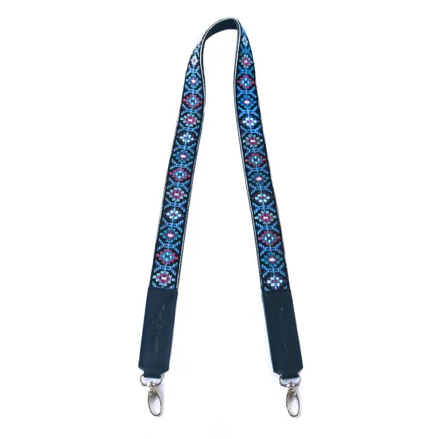 MAI WOVEN BAG STRAP - BLUE & PINK WITH BLACK LEATHER