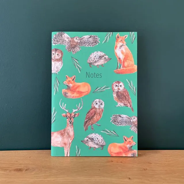 Forest friends A5 lined notebook - foxes, owls, woodland