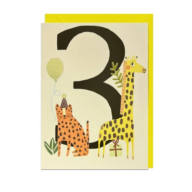3RD BIRTHDAY ANIMALS - FOIL, YELLOW ENVELOPE Card Pack of 6