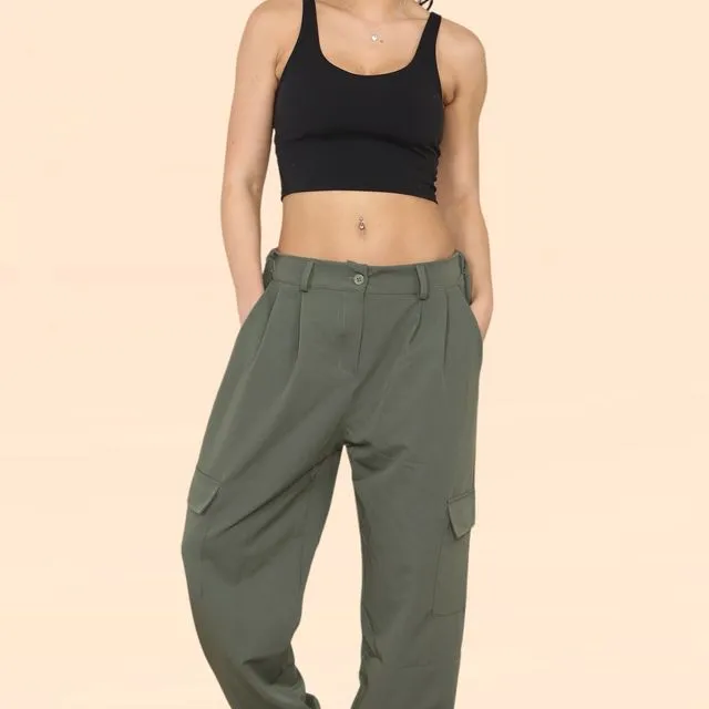MY18037 - Khaki Green Tailored Combat Cargo Trousers with Elasticated Back Waist
