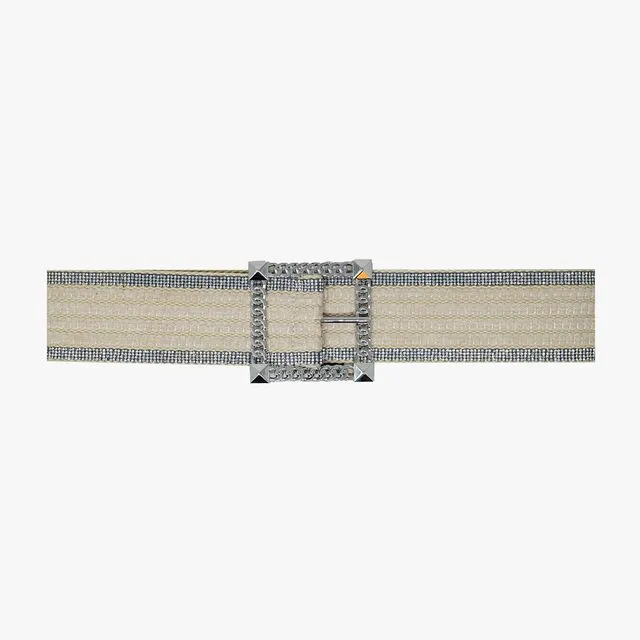 WHITE BELT WOVEN WITH RHINESTONES ON THE EDGES AND SILVER SQUARE...