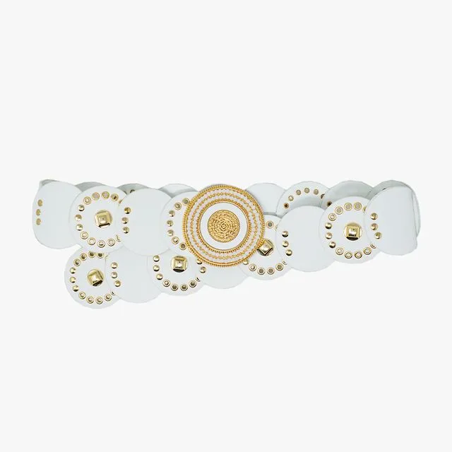 WHITE LEATHER BELT WITH WHITE RHINESTONE ROUND BUCKLE AND GOLDEN...