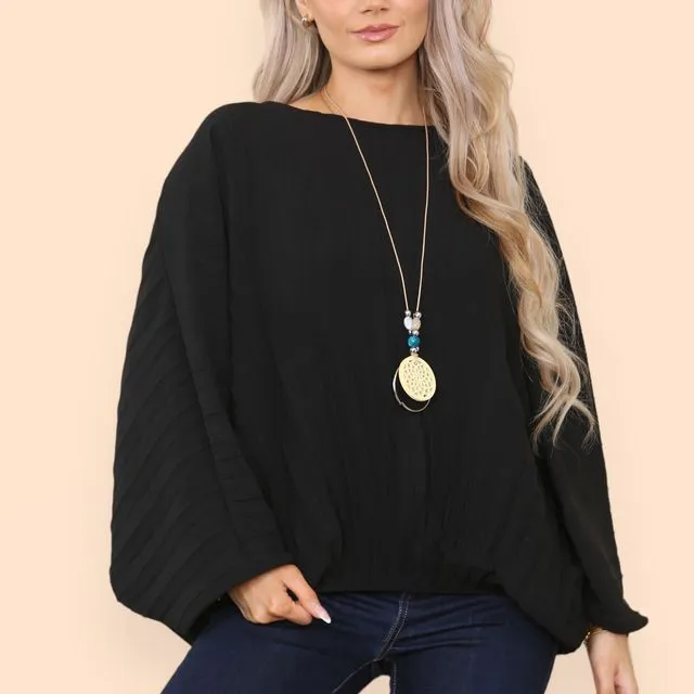 23150 - Black Solar Pleating Top with Elasticated Hem and Necklace