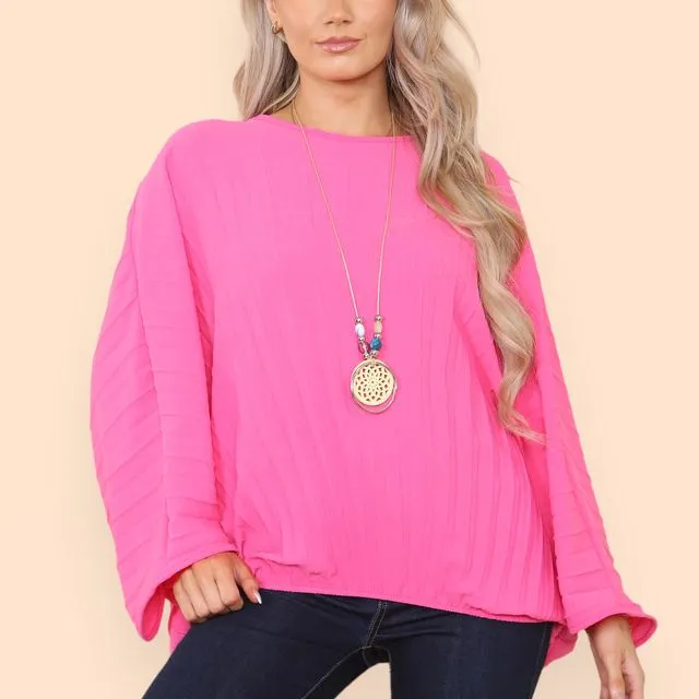 23150 - Fuchsia Pink Solar Pleating Top with Elasticated Hem and Necklace