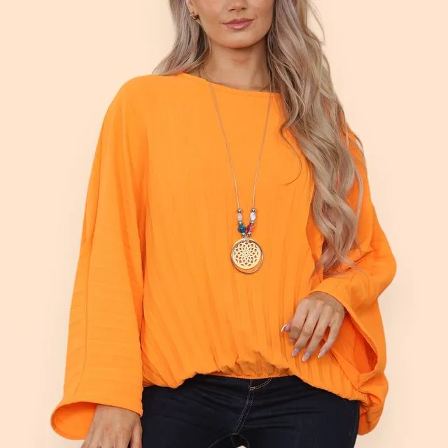 23150 - Orange Solar Pleating Top with Elasticated Hem and Necklace