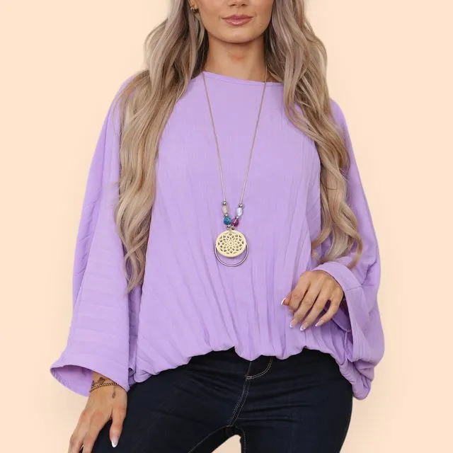 23150 - Lilac Solar Pleating Top with Elasticated Hem and Necklace