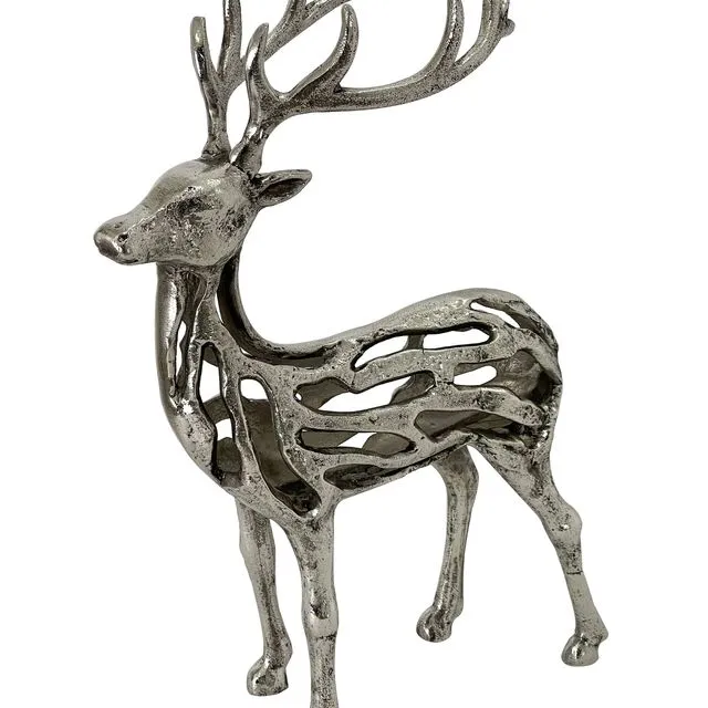 Warm Silver Antique Reindeer Sculpture
