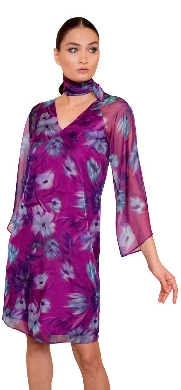 Purple Floral Print V Neck 3/4 Sleeve Foulard Detail Cocktail Dress