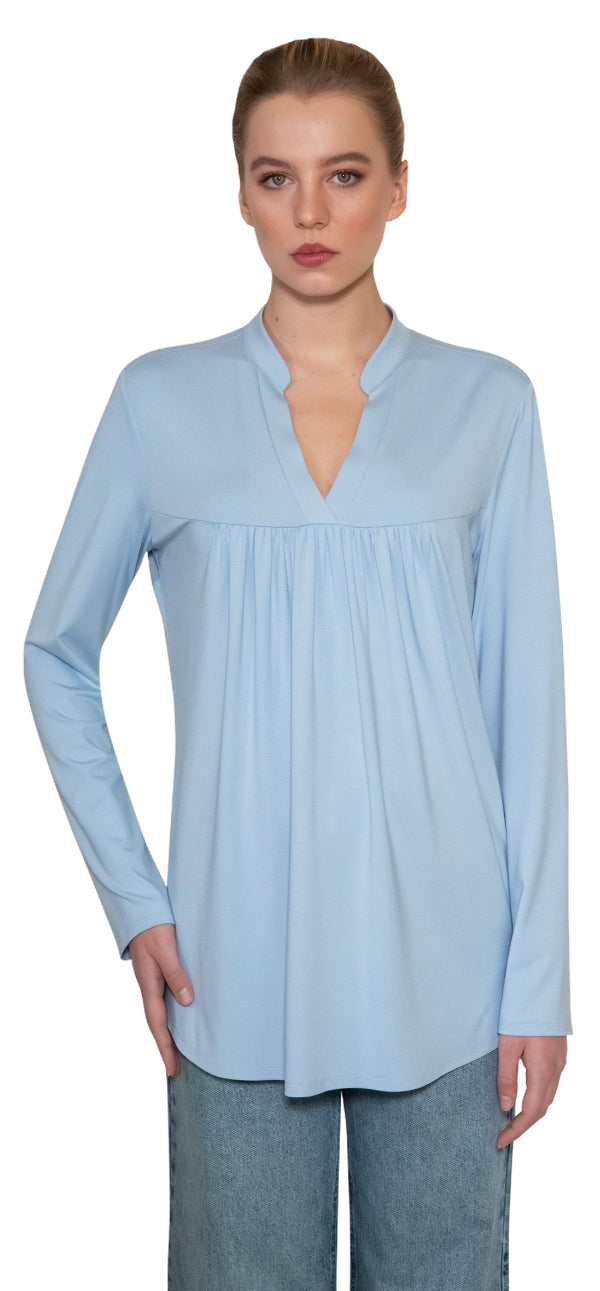 Turquoise V Neck Long Sleeve Pleated Tunic Basic Shirt