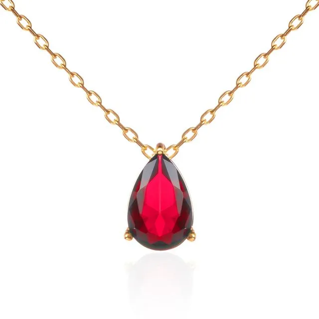Gold Plated Red Pear Pendant Necklace for Women.