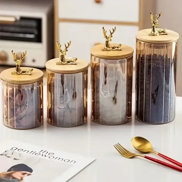 4pcs Of 1 Set, Multifunctional Washable Food Storage Glass Jar With Deer Head Lid, Kitchen Organization Reusable Round Glass Canister, For Storing Grain, Cereal, Rice, Snack, Spice And Nuts, Kitchen Supplies