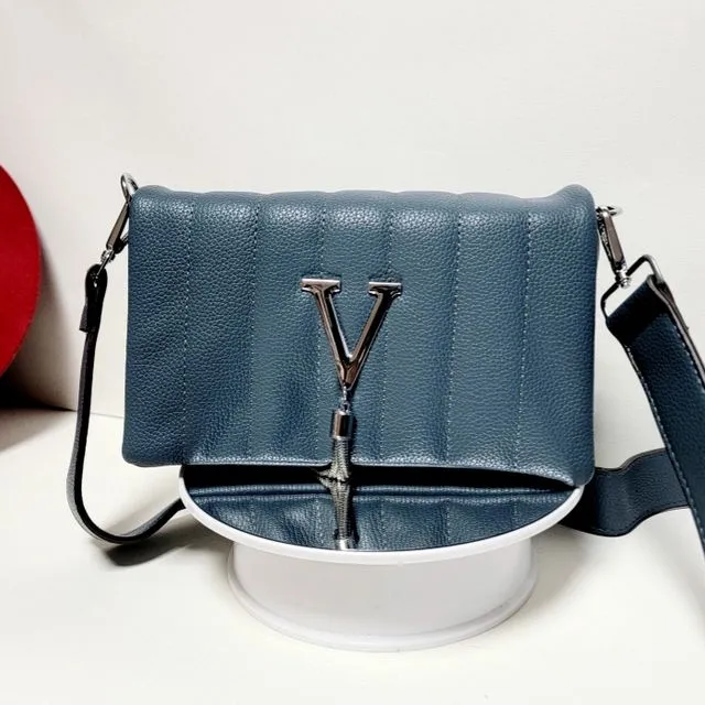 Soft ,Nice Pu leather semi medium crossbody bag with elegant wide long strap 8689 Blue