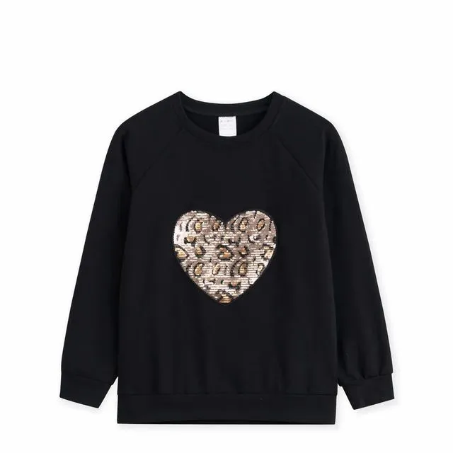 Black & Leopard Print Heart Embroidery Long Sleeves Sweatshirt