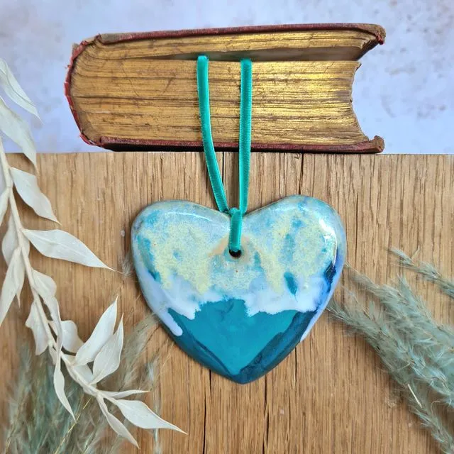 Ceramic Heart Hanging Decoration - Watercolour Blue