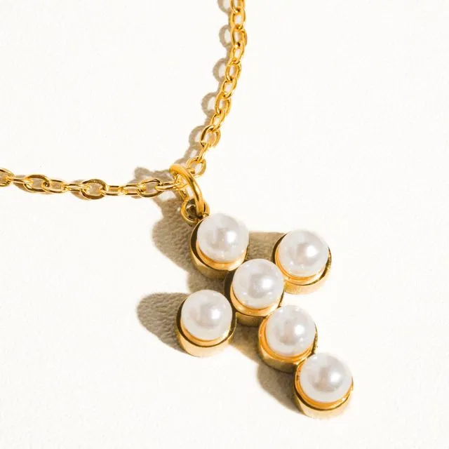 Non-Tarnish Dainty Pearl Cross Necklace, Earrings
