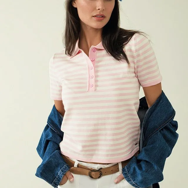 WHITE SHORT SLEEVES POLO SHIRT WITH LIGHT PINK STRIPES AND FRONTAL...