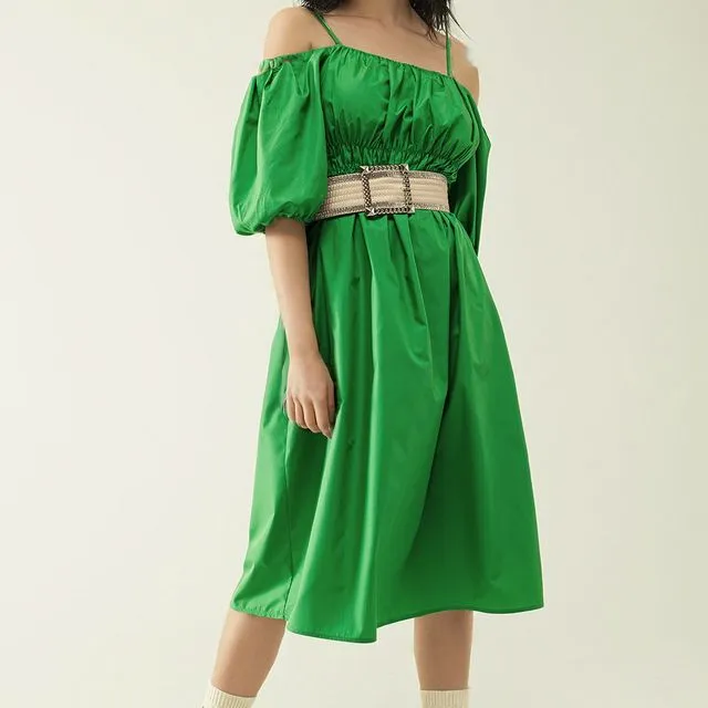 MIDI GREEN DRESS WITH SHORT SLEEVES AND STRAPS