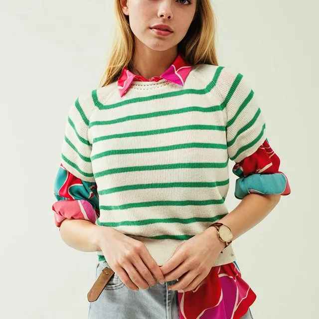 SHORT SLEEVES WHITE KNIT SWEATER WITH GREEN STRIPES