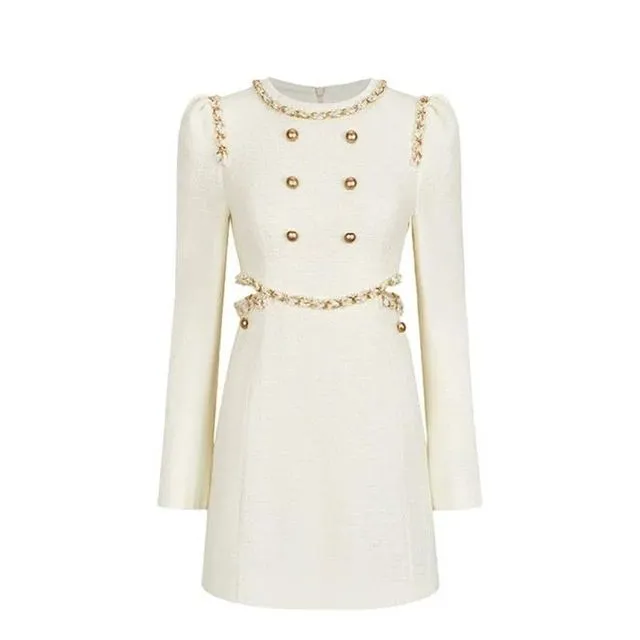 Cream Tweed Dress with Golden Accents