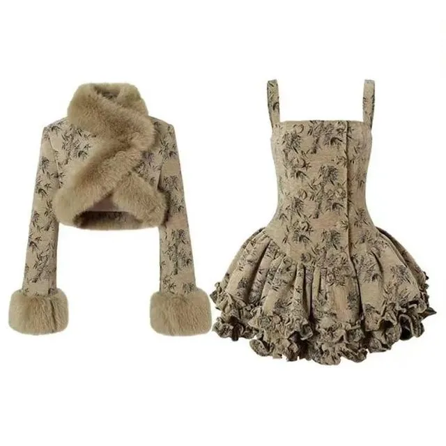 Fluffy Collar Blazer &amp; Patterned Dress Set