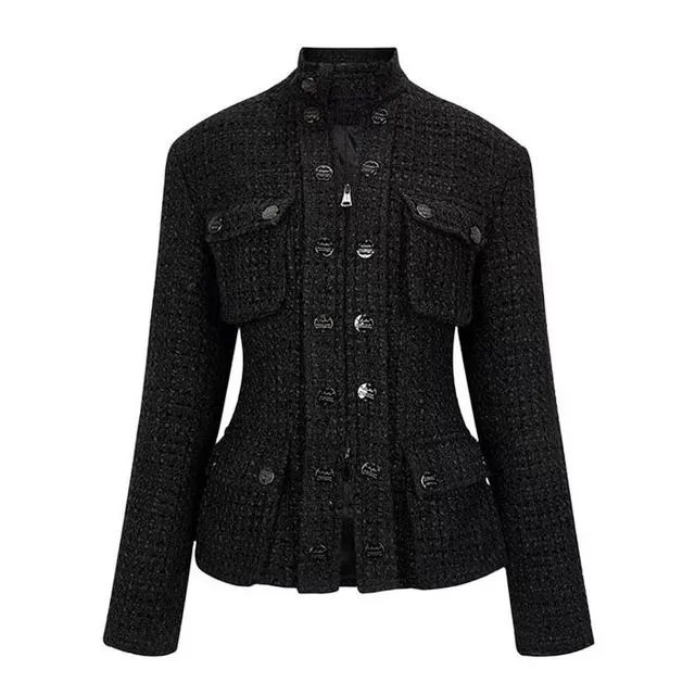 Black Tweed Blazer with High Collar