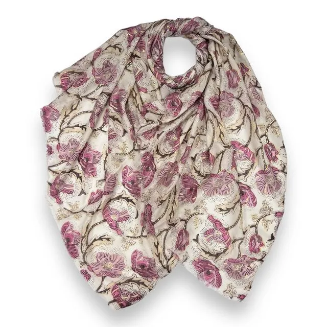 Summer poppy flower print scarf in cream