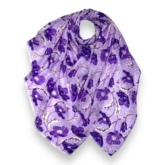Summer poppy flower print scarf in purple