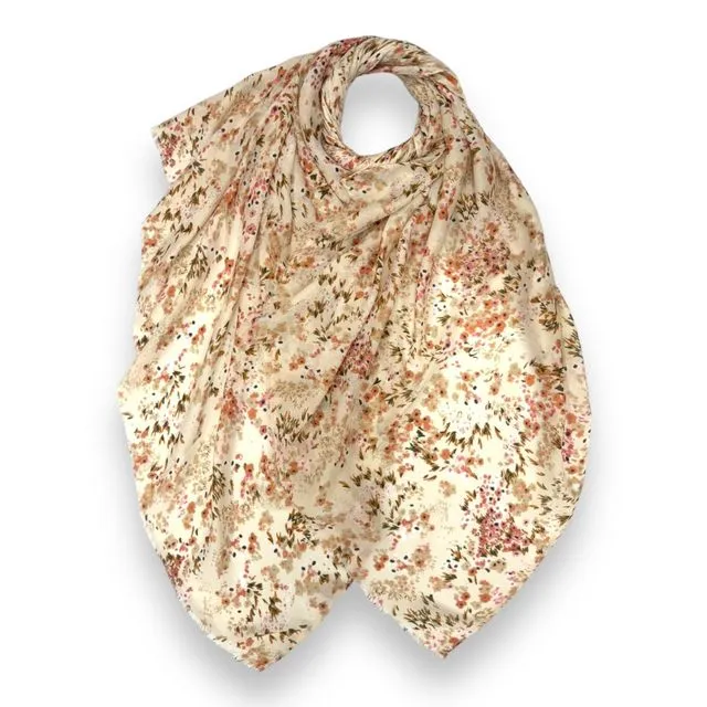 Summer colour Mimosa flower prints on medium weight scarf in beige