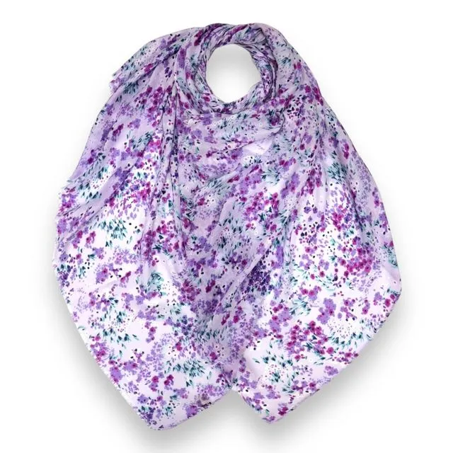 Summer colour Mimosa flower prints on medium weight scarf in purple