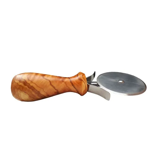 Pizza cutter with olive wood handle