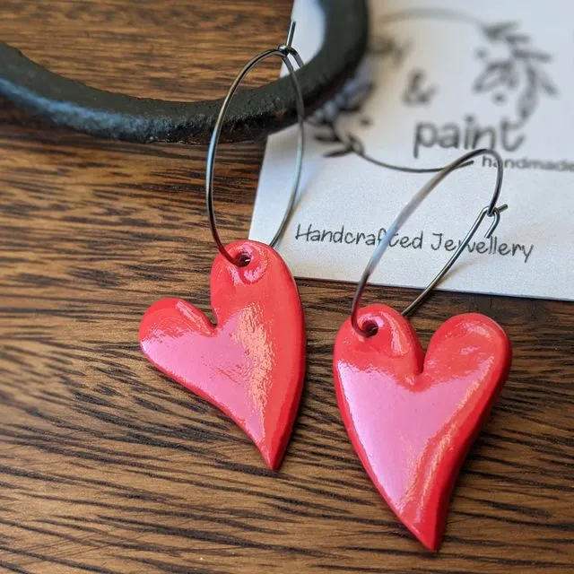 Red hearts clay drop earrings