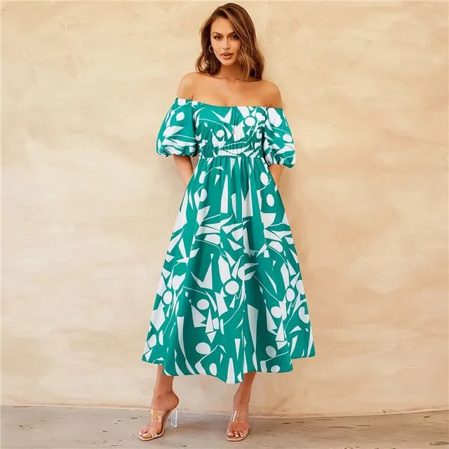 Sexy One-Line Collar Puff Sleeve Printed Fashionable Large Skirt Dress-GREEN