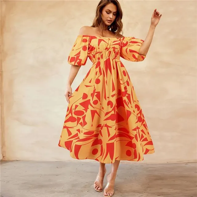 Sexy One-Line Collar Puff Sleeve Printed Fashionable Large Skirt Dress-RED YELLOW