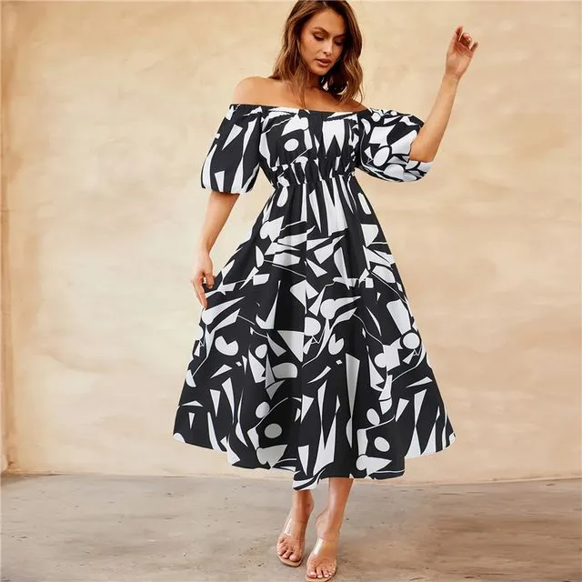 Sexy One-Line Collar Puff Sleeve Printed Fashionable Large Skirt Dress-BLACK