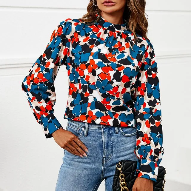 Floral Print Long Sleeve High Neck Top In Blue