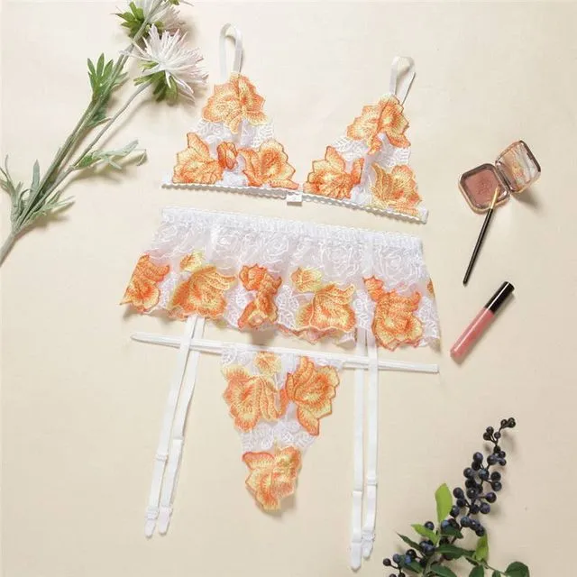 Embroidered Floral Garter 3 Piece Lingerie Set