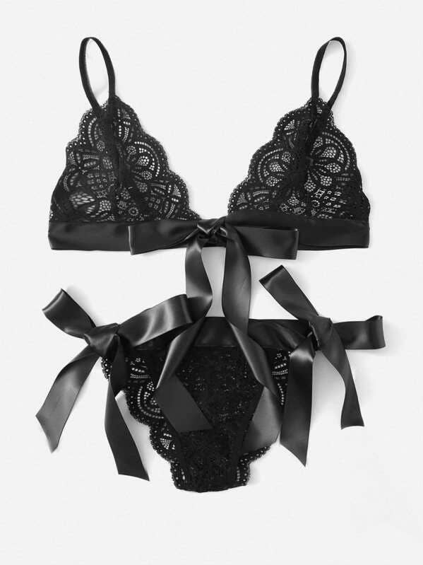 Lace Embossed Bow Deep V Sexy Lingerie Set