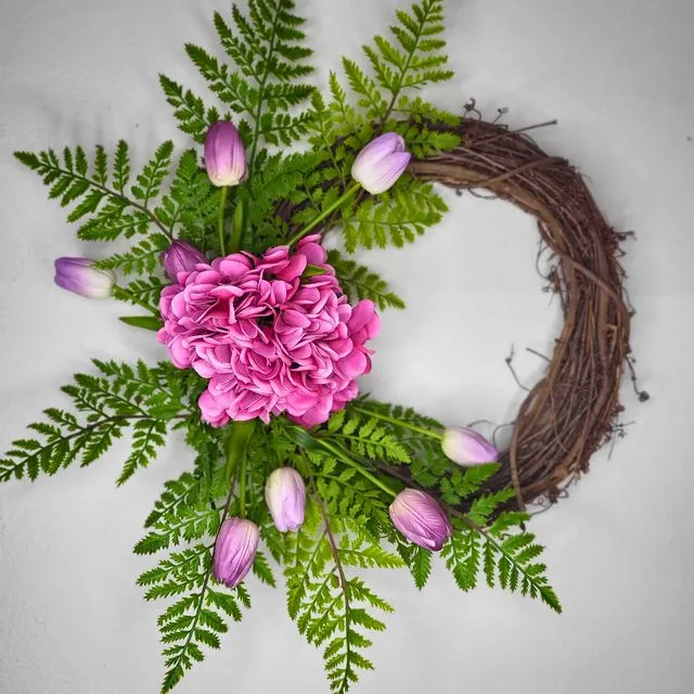 Real Touch Faux Pink Hydrangea, Fern, and Purple Tulips Wreath