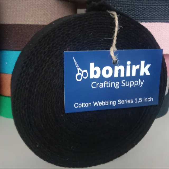 Bonirk-50 Yards-Heavy Cotton Narrow Webbing 1.5 Inch - Black For Bag Handles, Belt Sewing, Apron Craft Ribbon Trim- 0,082 in, Continuous