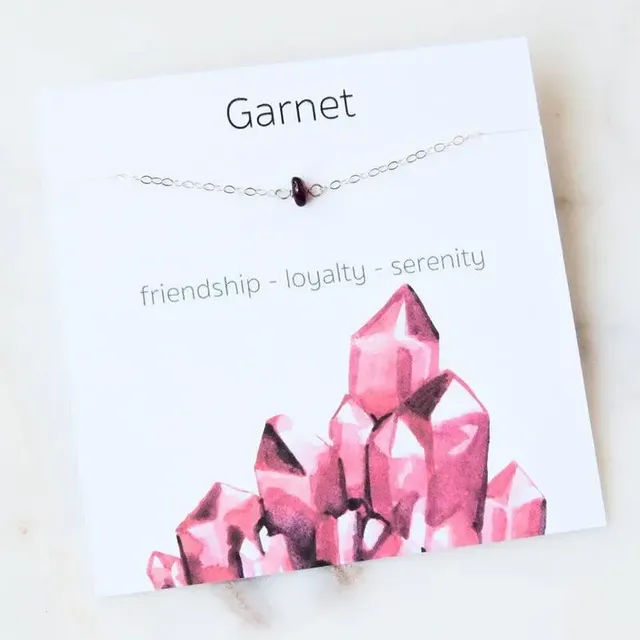 Garnet Red Natural Stone Pendant Necklace on Card - January