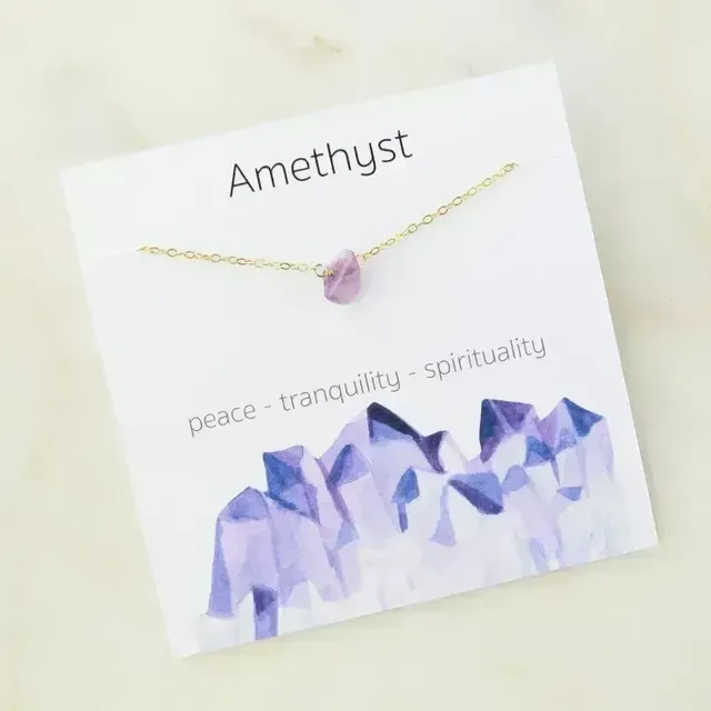 Purple Amethyst Natural Stone Pendant Necklace on Card - February