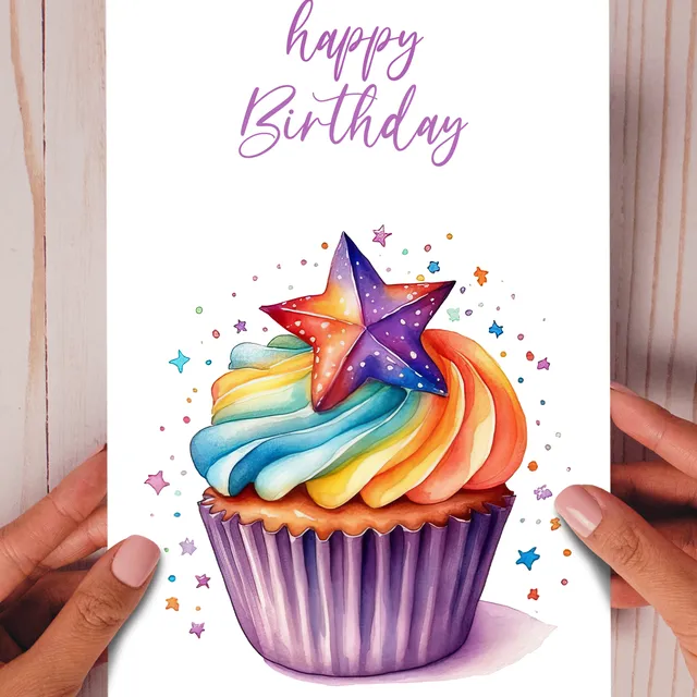 Happy Birthday - Rainbow Star Cupcake card