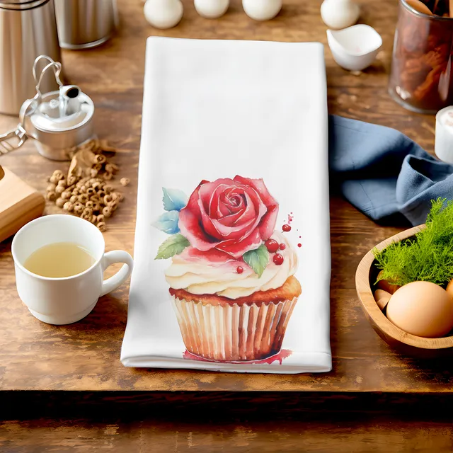 Rose Cupcake - Unique Art Tea Towel