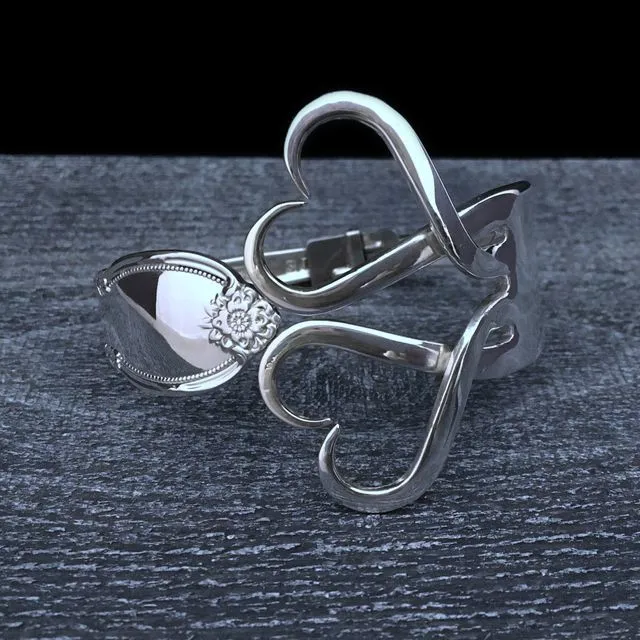 Lovely Silver Fork Bracelet with Double Hearts