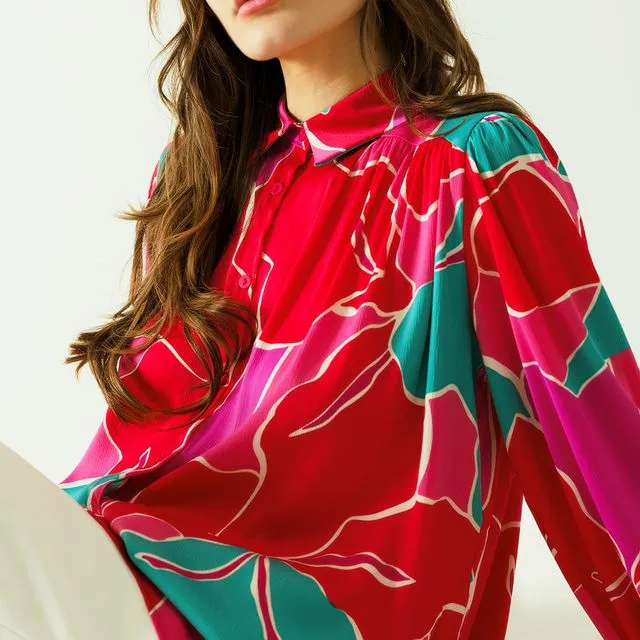 SATIN OVERSIZED SHIRT WITH FLORAL DESIGNS AND BUTTON CLOSURE