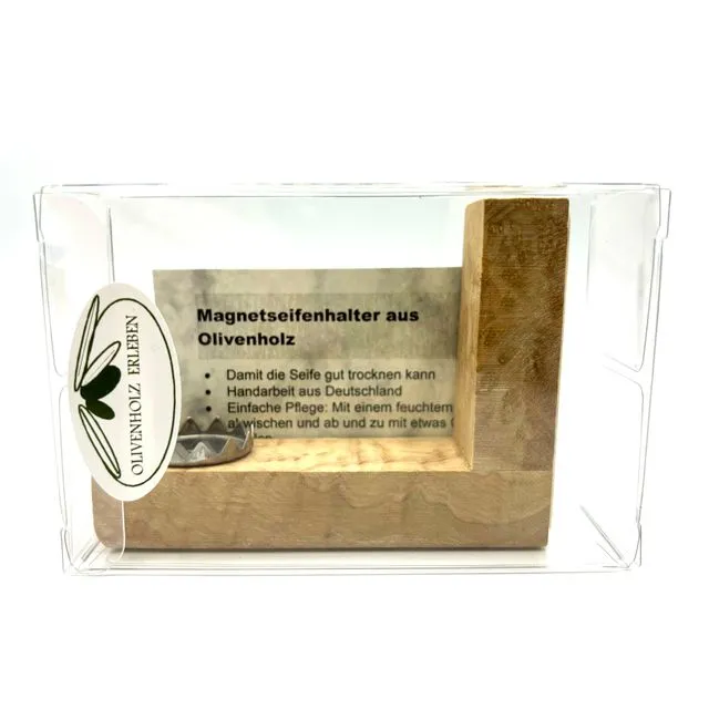 Magnetic soap holder made of olive wood in "MODERN STYLE" packaging