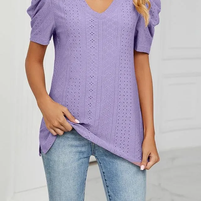 Purple V Neck Hollow Out Short Sleeves Top WZD006