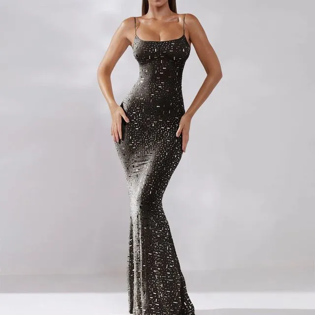 Chic Emerald Sequin Evening Gown Black