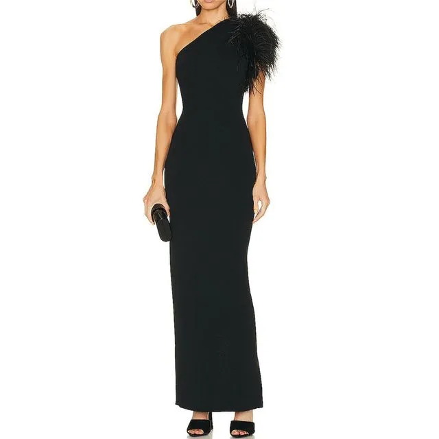 Black Gown with Chic Feather Accent