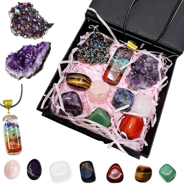 Qlisytpps 10pcs Healing Crystals Set Real Crystals Stones Kit, Chakra Crystals Gemstones Amethyst Clusters,geode Crystals,Chakra Necklace Witchcraft Crystals Gifts Beginners Gift